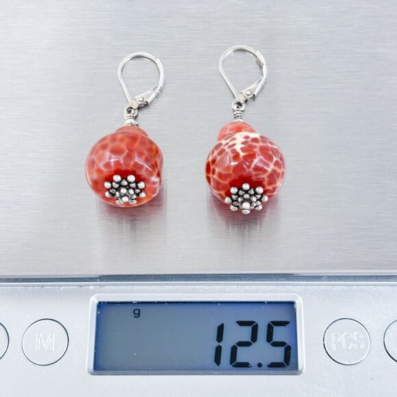 Vintage Sterling Silver 925 Red and Orange Glass Beaded Dangle Earrings - Picture 5 of 6